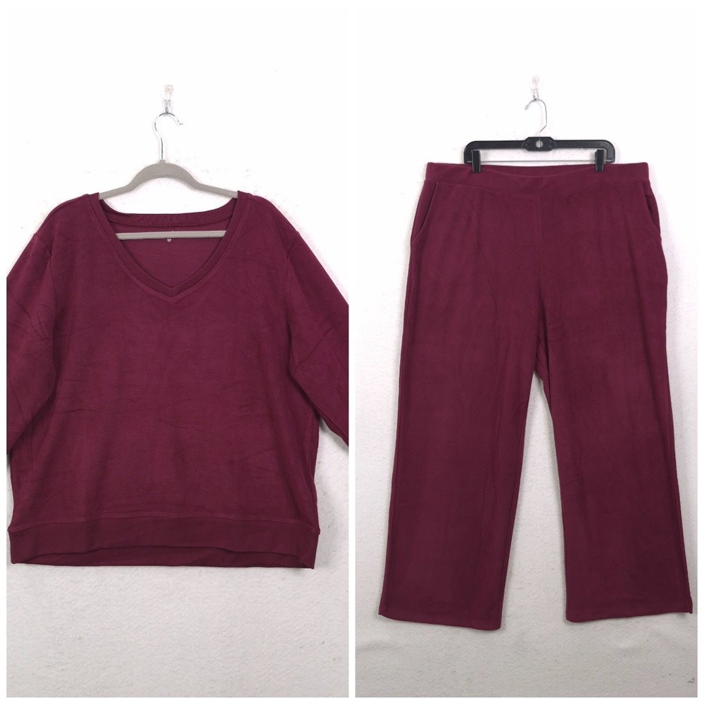 Softies Vintage Velvet Lounge Set 2X Top Full leg Pant Cherry Cola Cozy Relaxed
